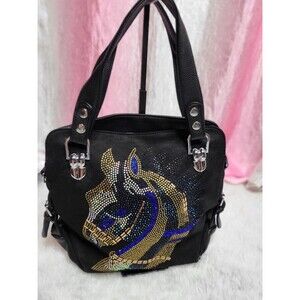 Horse Head Rhinestone Covered Suede Handbag Purse